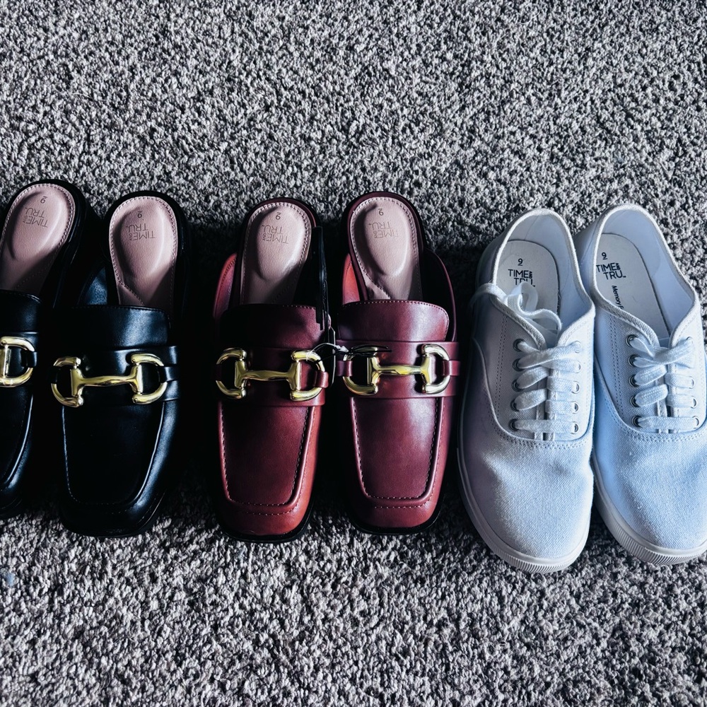 Women's Black and Burgundy Loafers with Gold Accents, white tennis shoes